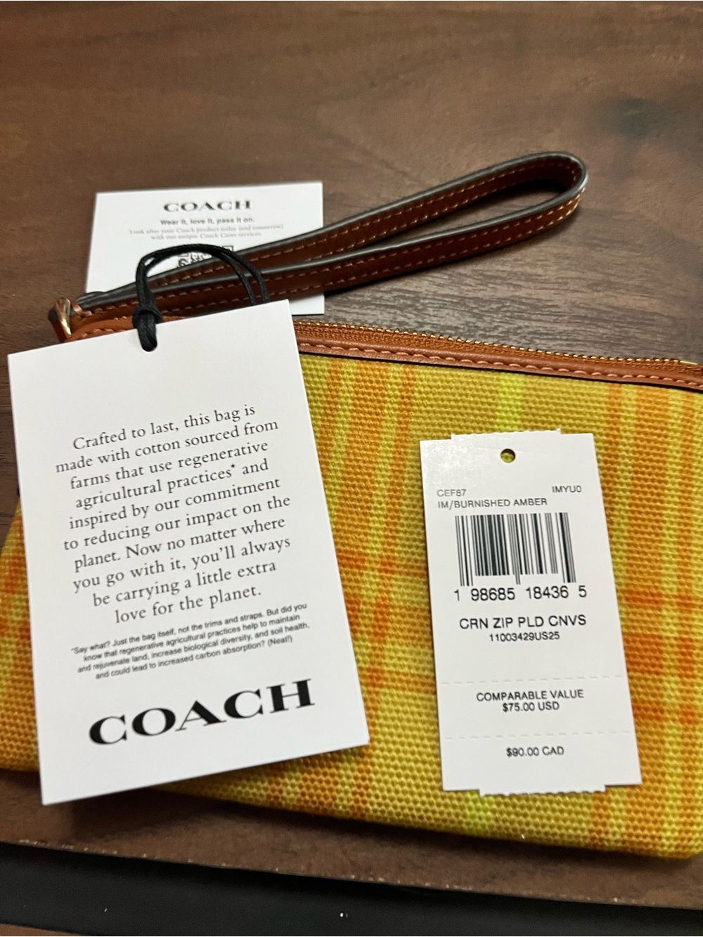 Coach Yellow and Orange Plaid Canvas Wristlet - Picture 4 of 4